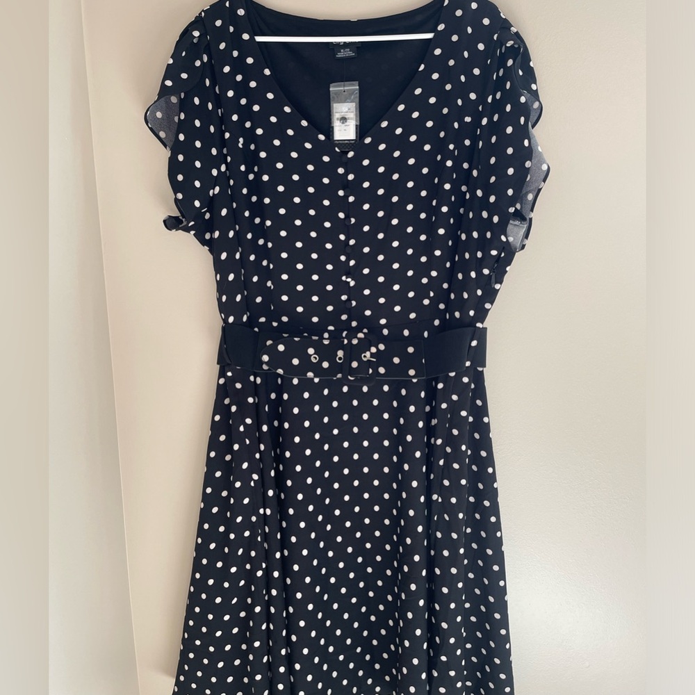 City Chic Black Polka Dot Dress with Belt